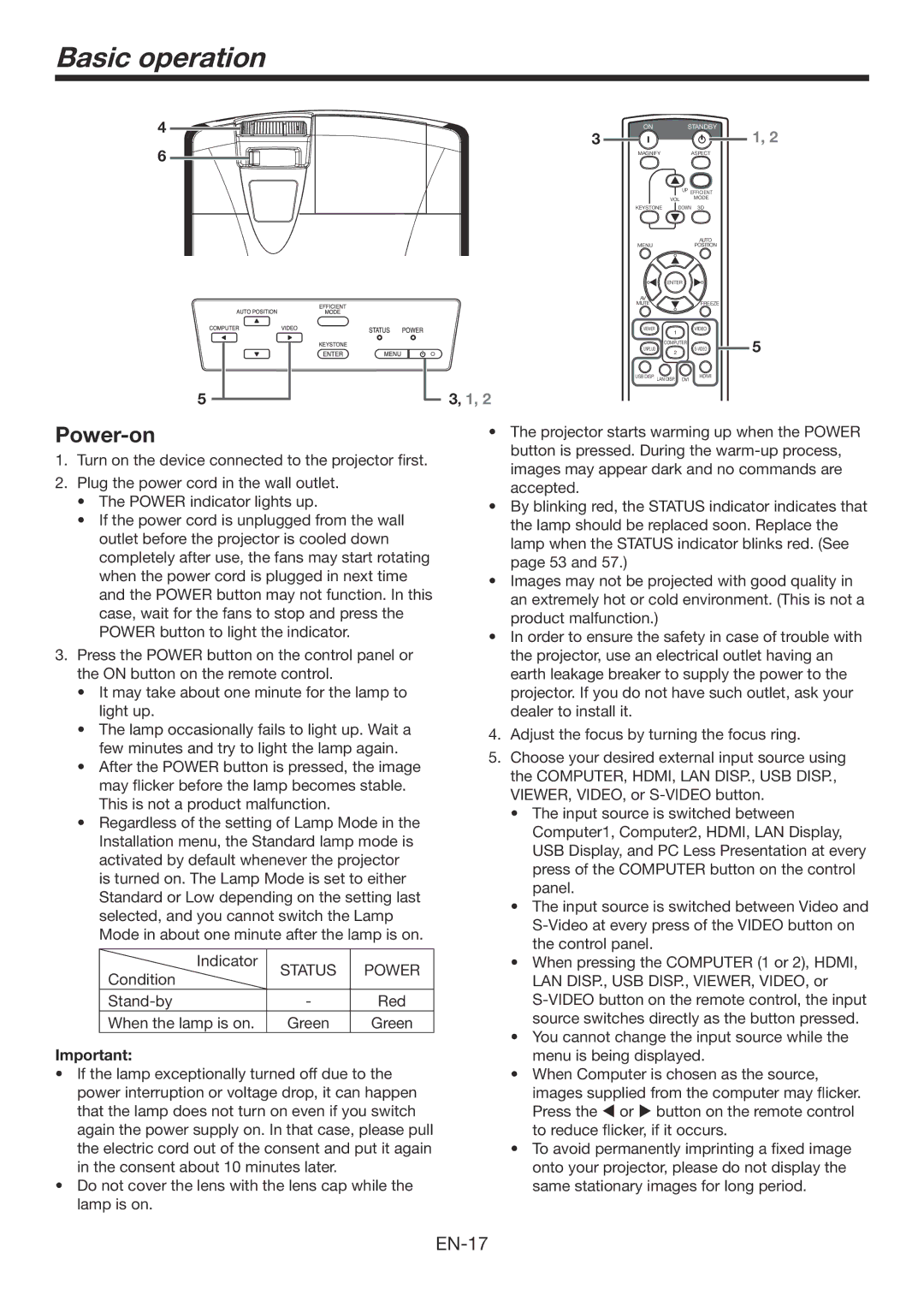 Mitsubishi Electronics XD700U, WD720U user manual Basic operation, Power-on, Status Power 