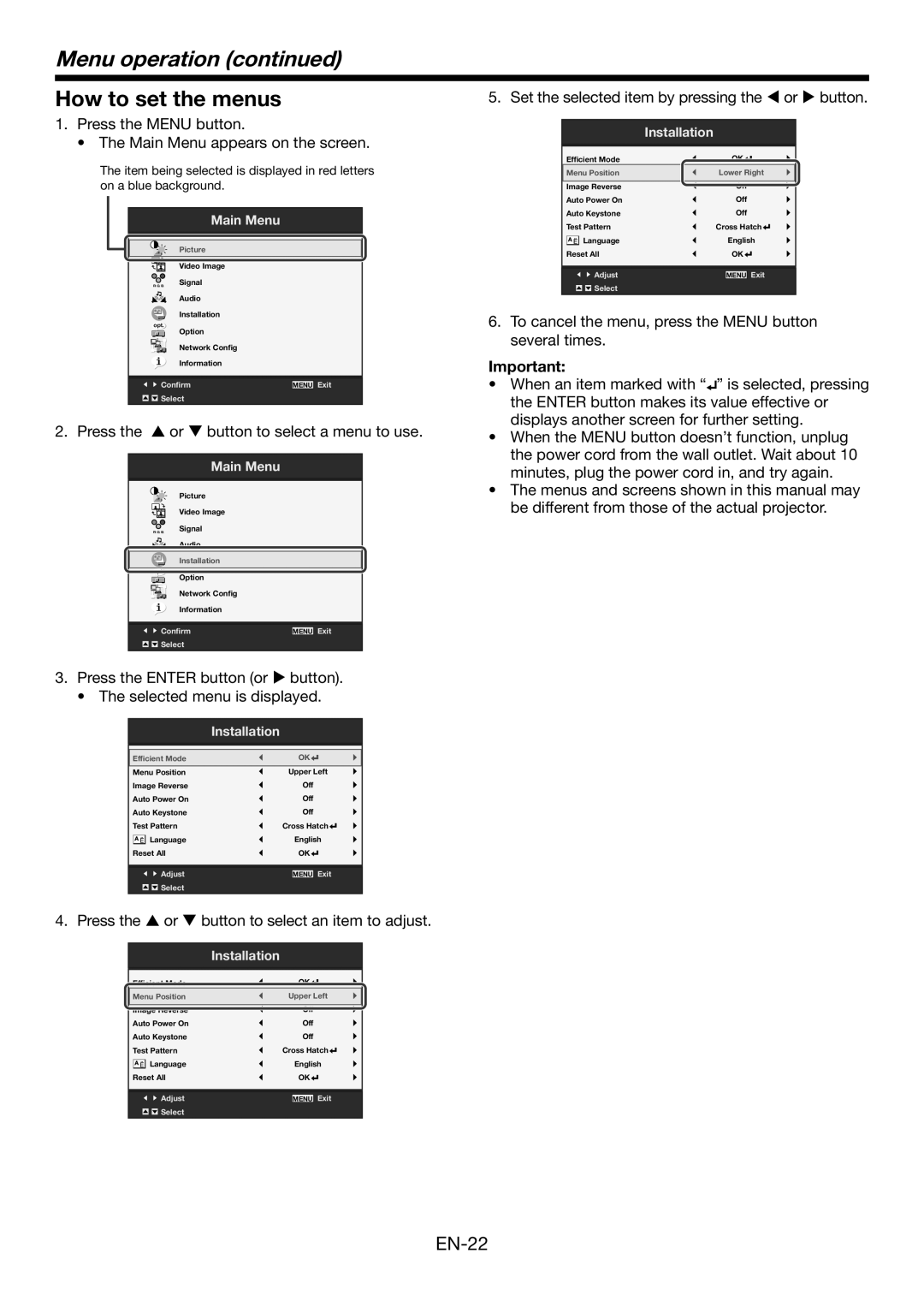 Mitsubishi Electronics WD720U, XD700U user manual Menu operation, How to set the menus, Main Menu, Installation 