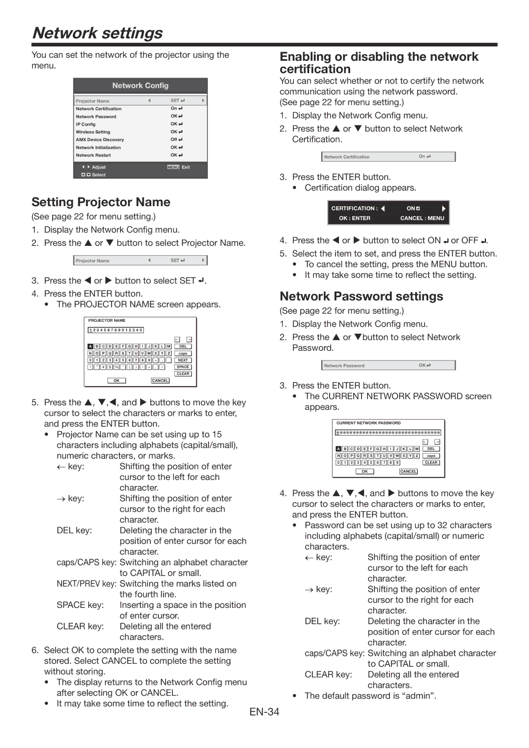 Mitsubishi Electronics WD720U Network settings, Enabling or disabling the network certification, Setting Projector Name 