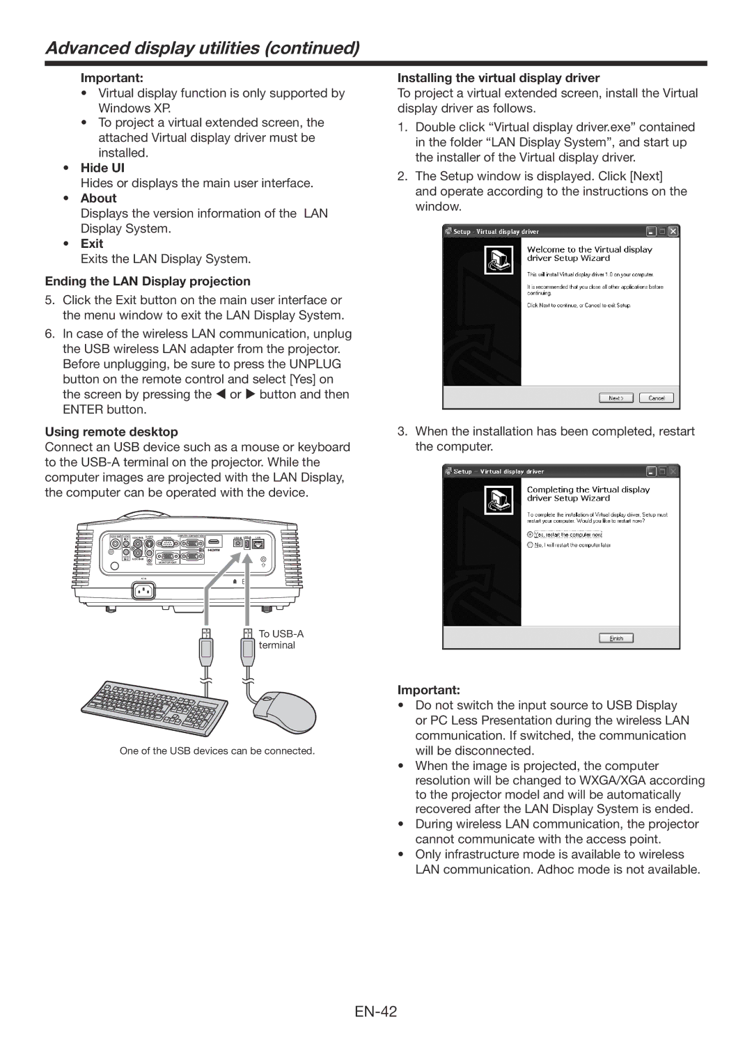 Mitsubishi Electronics WD720U, XD700U Hide UI, About, Exit, Ending the LAN Display projection, Using remote desktop 