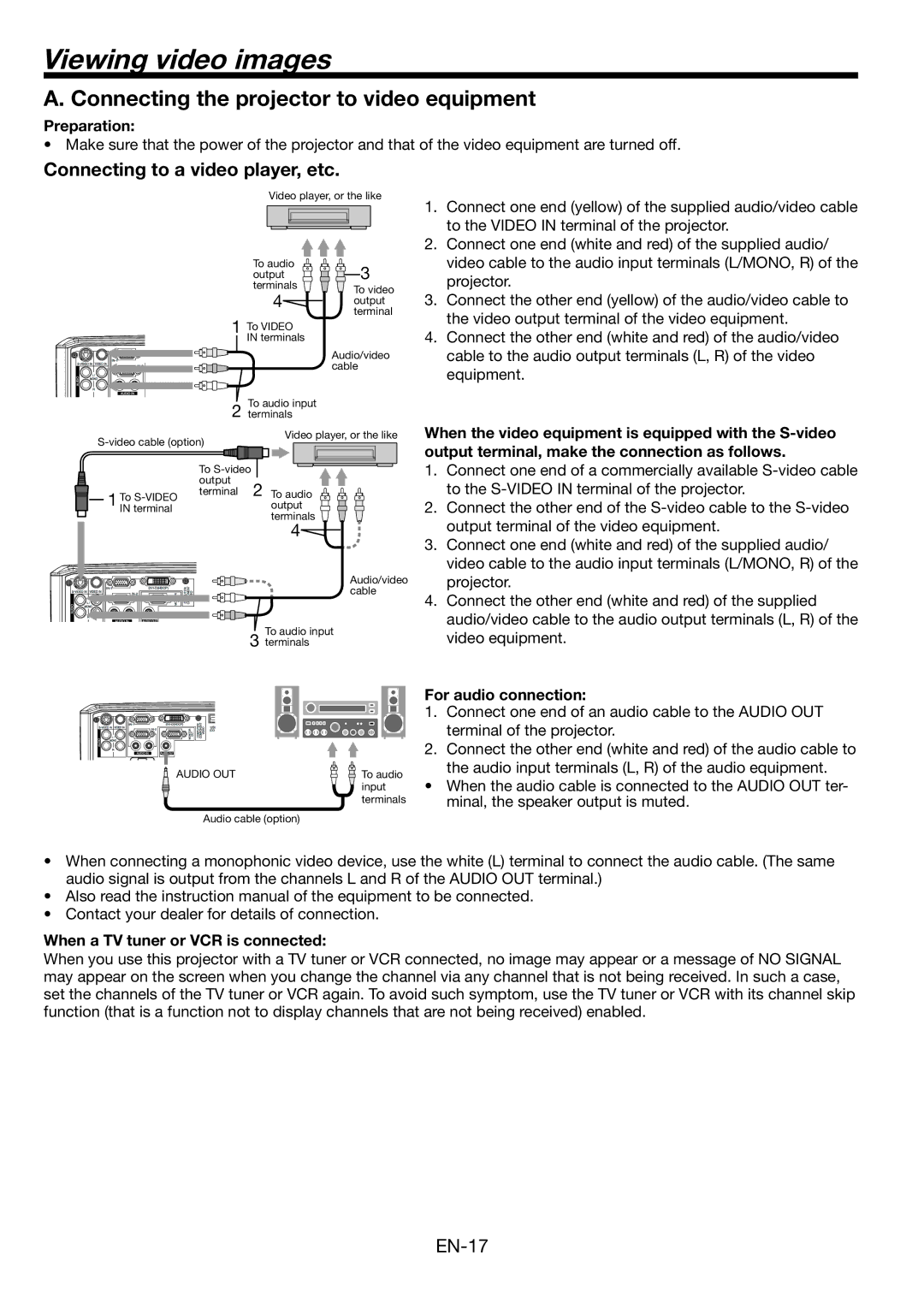 Mitsubishi Electronics WL2650U user manual Viewing video images, Connecting the projector to video equipment 