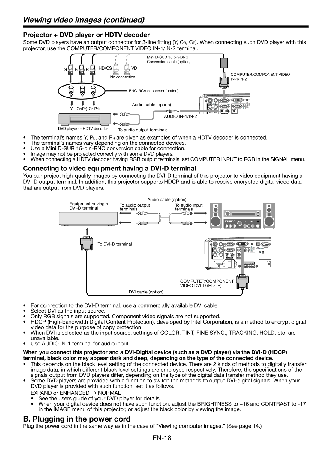 Mitsubishi Electronics WL2650U Viewing video images, Plugging in the power cord, Projector + DVD player or Hdtv decoder 