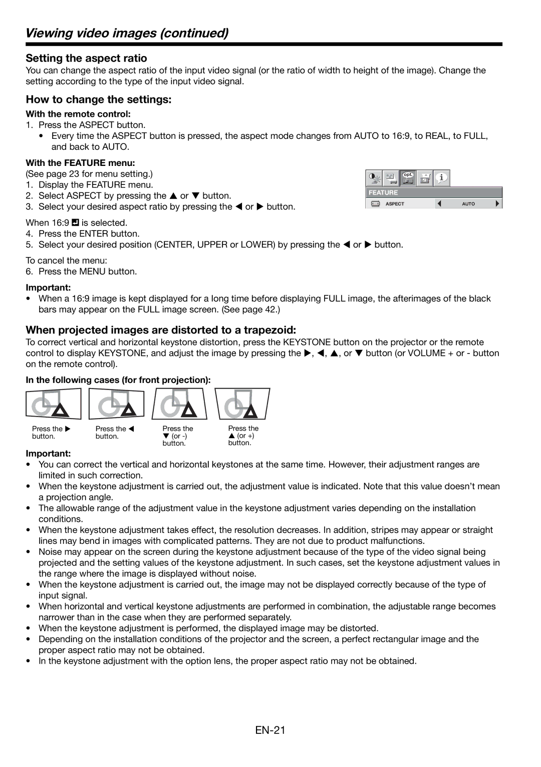 Mitsubishi Electronics WL2650U user manual Setting the aspect ratio, How to change the settings, With the remote control 