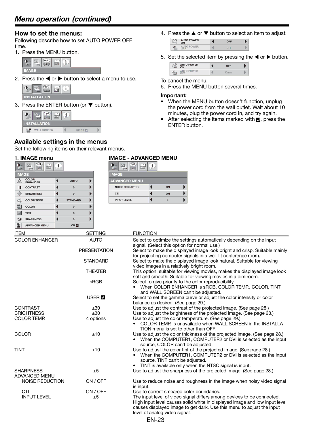 Mitsubishi Electronics WL2650U Menu operation, How to set the menus, Available settings in the menus, Image menu 