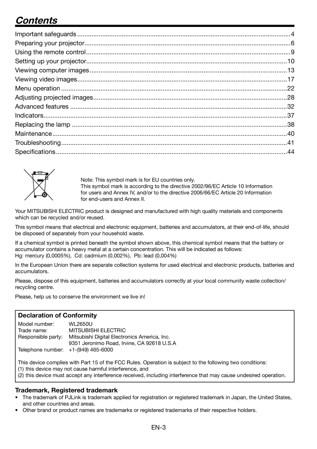 Mitsubishi Electronics WL2650U user manual Contents 