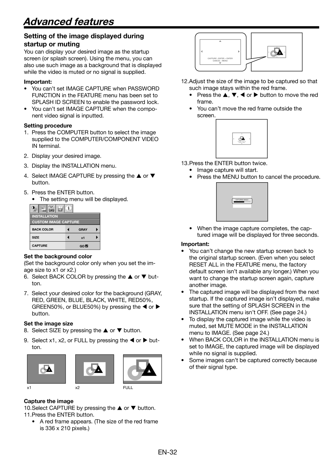 Mitsubishi Electronics WL2650U user manual Advanced features, Setting of the image displayed during startup or muting 