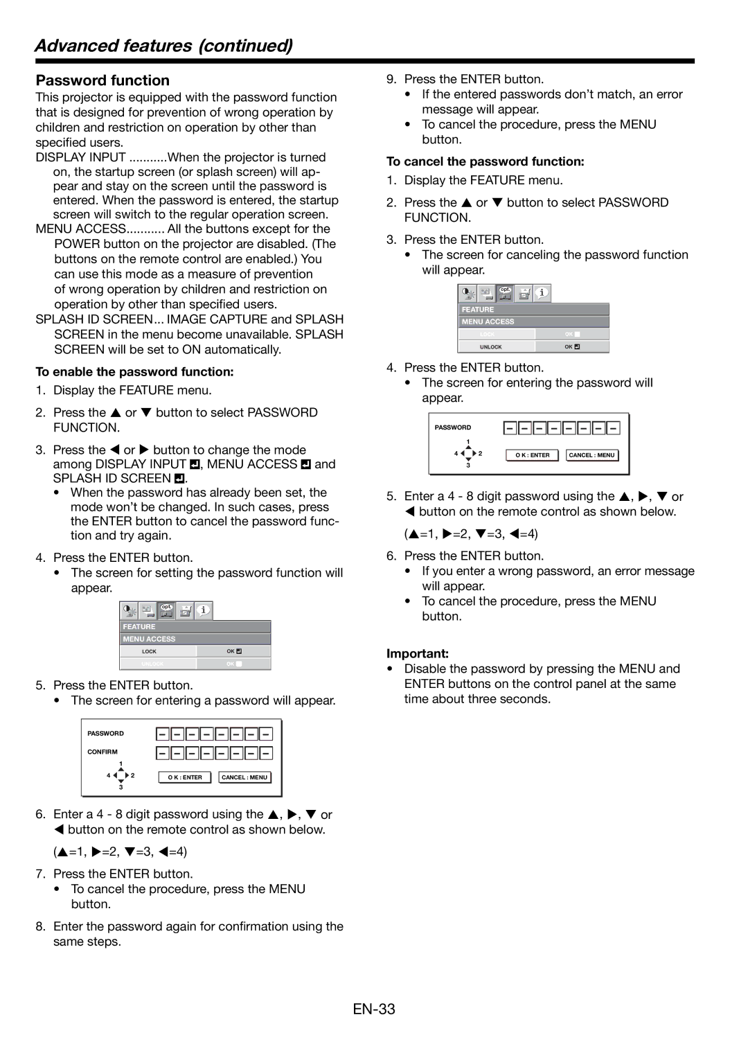 Mitsubishi Electronics WL2650U user manual Advanced features, Password function, To enable the password function 