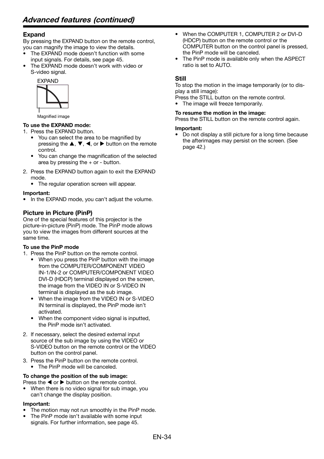 Mitsubishi Electronics WL2650U user manual Expand, Picture in Picture PinP, Still 