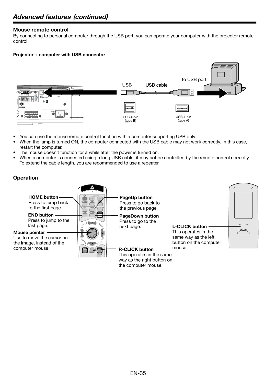 Mitsubishi Electronics WL2650 Mouse remote control, Operation, Projector + computer with USB connector, PageUp button 