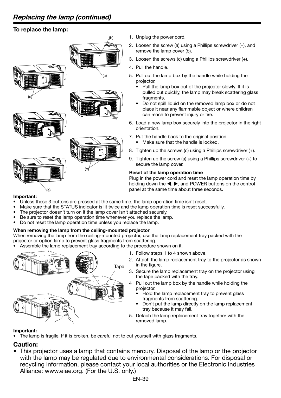 Mitsubishi Electronics WL2650U user manual Replacing the lamp, To replace the lamp, Reset of the lamp operation time 