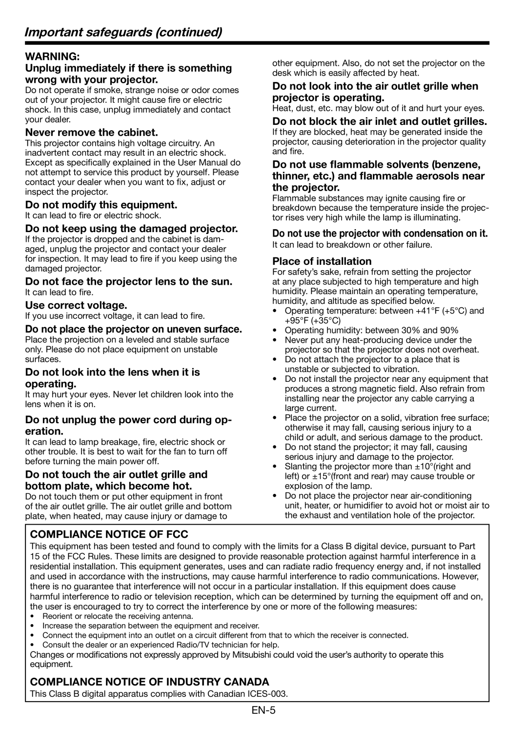 Mitsubishi Electronics WL2650U user manual Important safeguards 