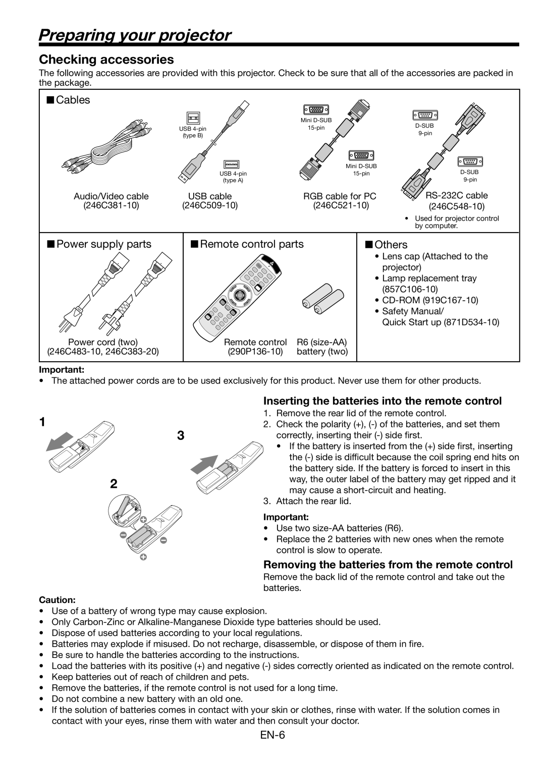 Mitsubishi Electronics WL2650U user manual Preparing your projector, Checking accessories 