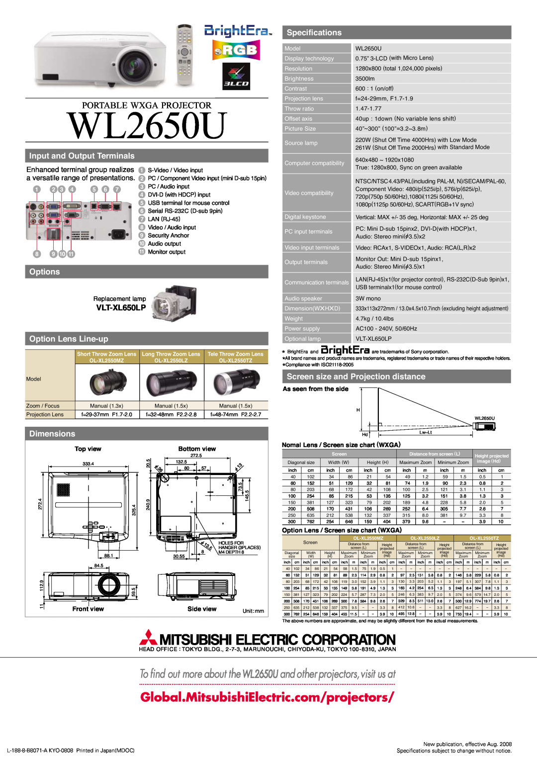 Mitsubishi Electronics WL2650U Portable Wxga Projector, Input and Output Terminals, Specifications, Options, VLT-XL650LP 