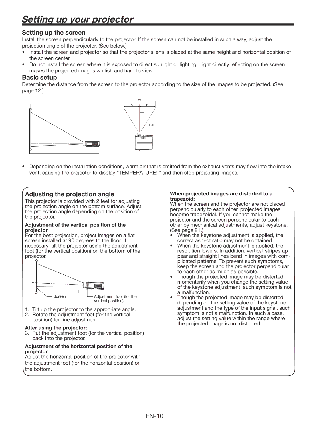 Mitsubishi Electronics WL639U user manual Setting up your projector, Setting up the screen, Basic setup 