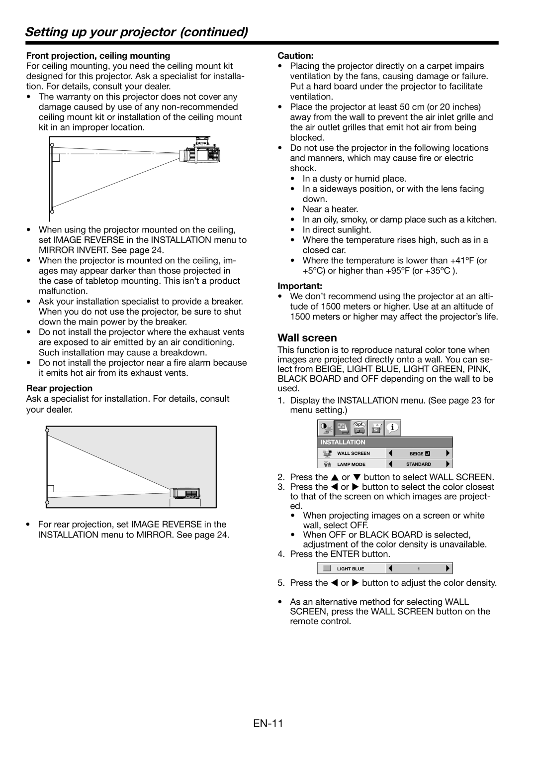 Mitsubishi Electronics WL639U Setting up your projector, Wall screen, Front projection, ceiling mounting, Rear projection 