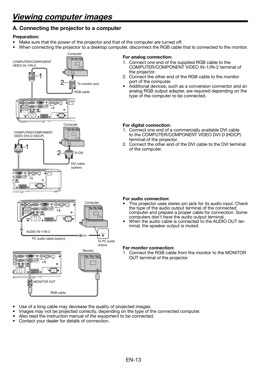 Mitsubishi Electronics WL639U user manual Viewing computer images, Connecting the projector to a computer 