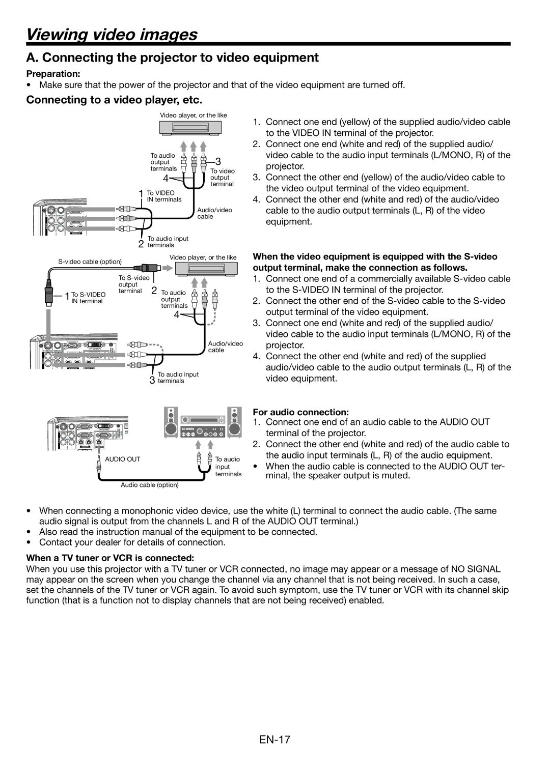 Mitsubishi Electronics WL639U user manual Viewing video images, Connecting the projector to video equipment 