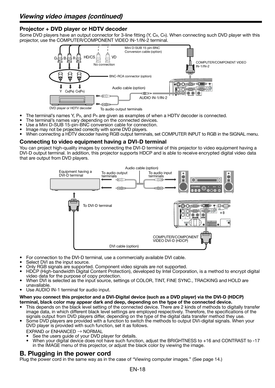 Mitsubishi Electronics WL639U Viewing video images, Plugging in the power cord, Projector + DVD player or Hdtv decoder 