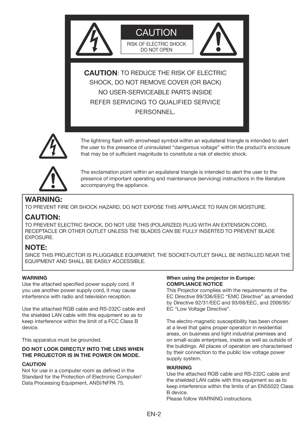 Mitsubishi Electronics WL639U user manual When using the projector in Europe, Compliance Notice 