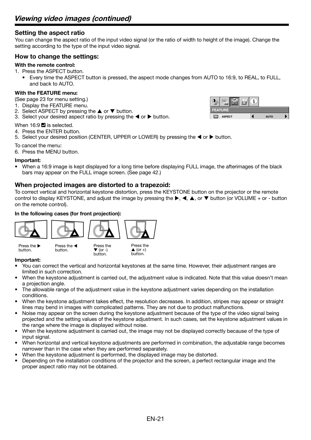 Mitsubishi Electronics WL639U user manual Setting the aspect ratio, How to change the settings 