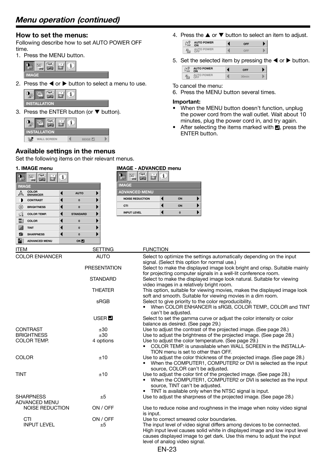 Mitsubishi Electronics WL639U user manual Menu operation, How to set the menus, Available settings in the menus 