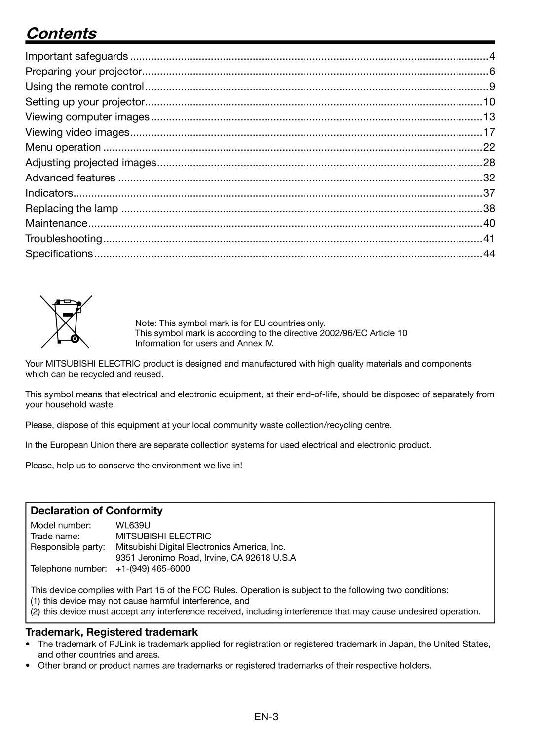 Mitsubishi Electronics WL639U user manual Contents 