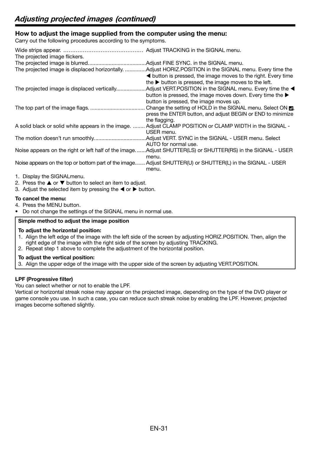 Mitsubishi Electronics WL639U user manual To adjust the vertical position, LPF Progressive filter 