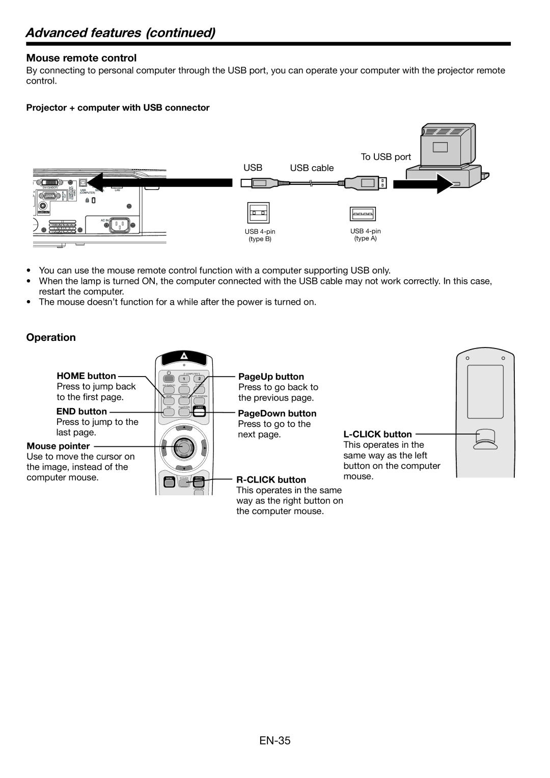 Mitsubishi Electronics WL639U Mouse remote control, Operation, Projector + computer with USB connector, PageUp button 