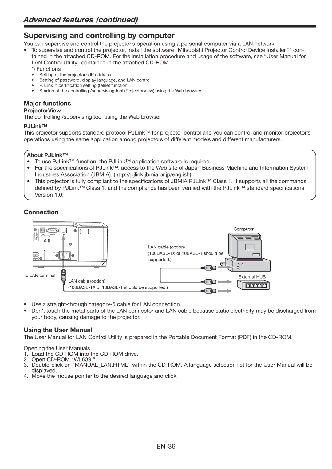 Mitsubishi Electronics WL639U user manual Supervising and controlling by computer, Major functions, Connection 