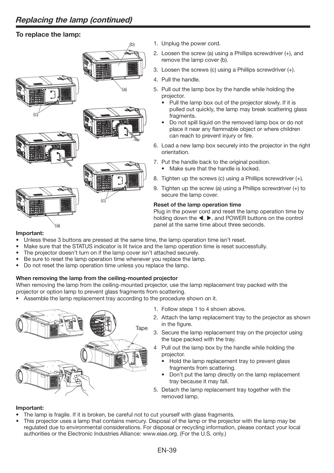 Mitsubishi Electronics WL639U user manual Replacing the lamp, To replace the lamp, Reset of the lamp operation time 