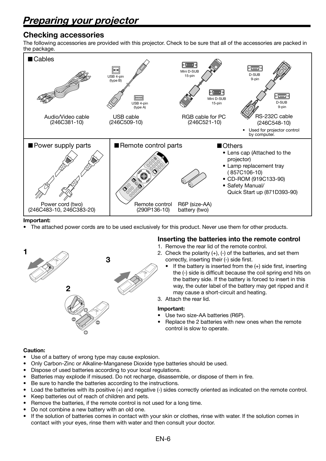 Mitsubishi Electronics WL639U user manual Preparing your projector, Checking accessories 