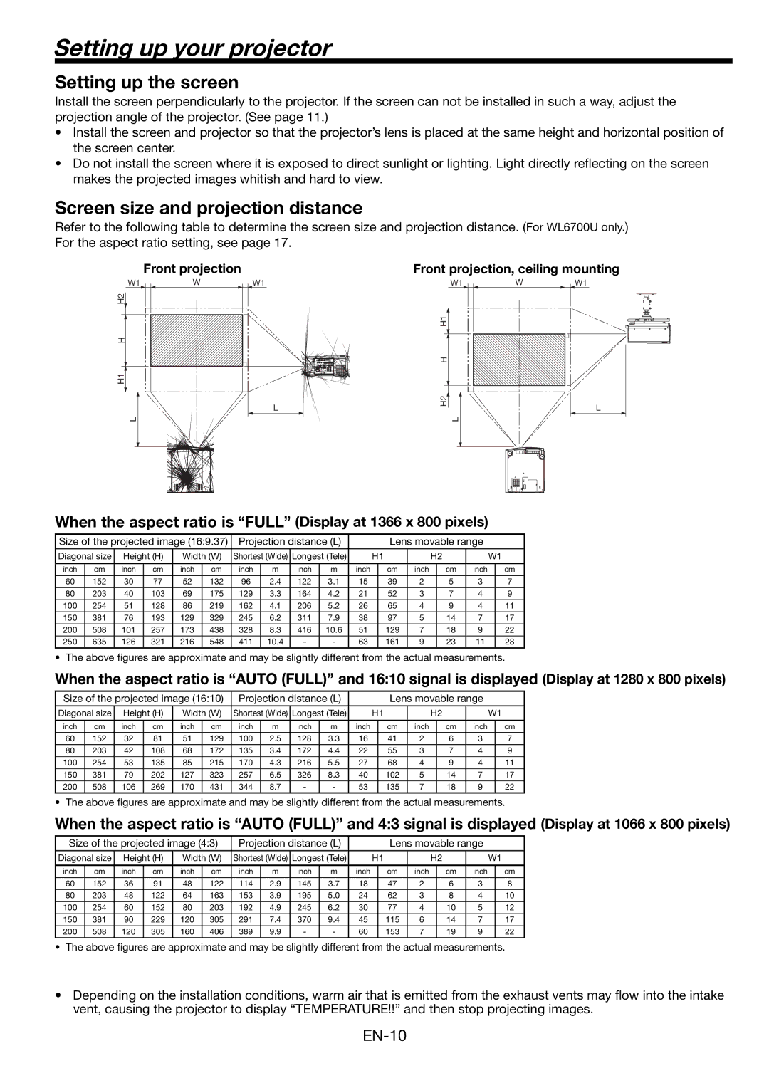 Mitsubishi Electronics WL6700LU Setting up your projector, Setting up the screen, Screen size and projection distance 