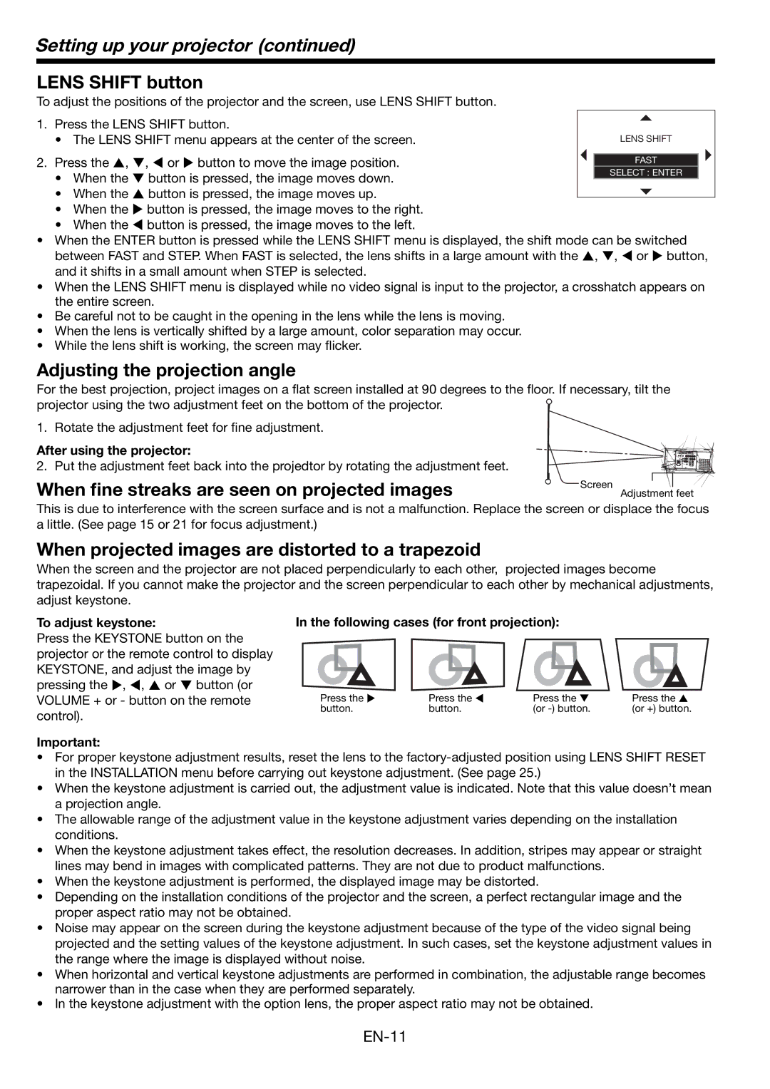 Mitsubishi Electronics WL6700U, WL6700LU Setting up your projector, Lens Shift button, Adjusting the projection angle 