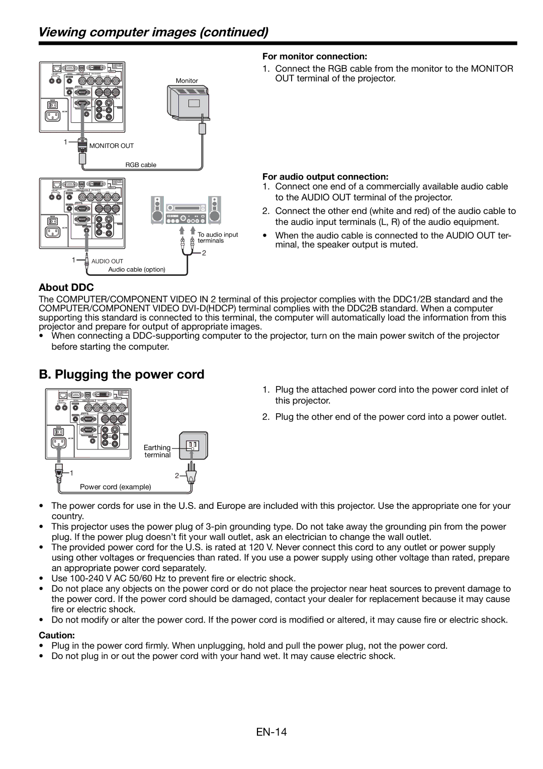 Mitsubishi Electronics WL6700LU, WL6700U Viewing computer images, Plugging the power cord, For monitor connection 