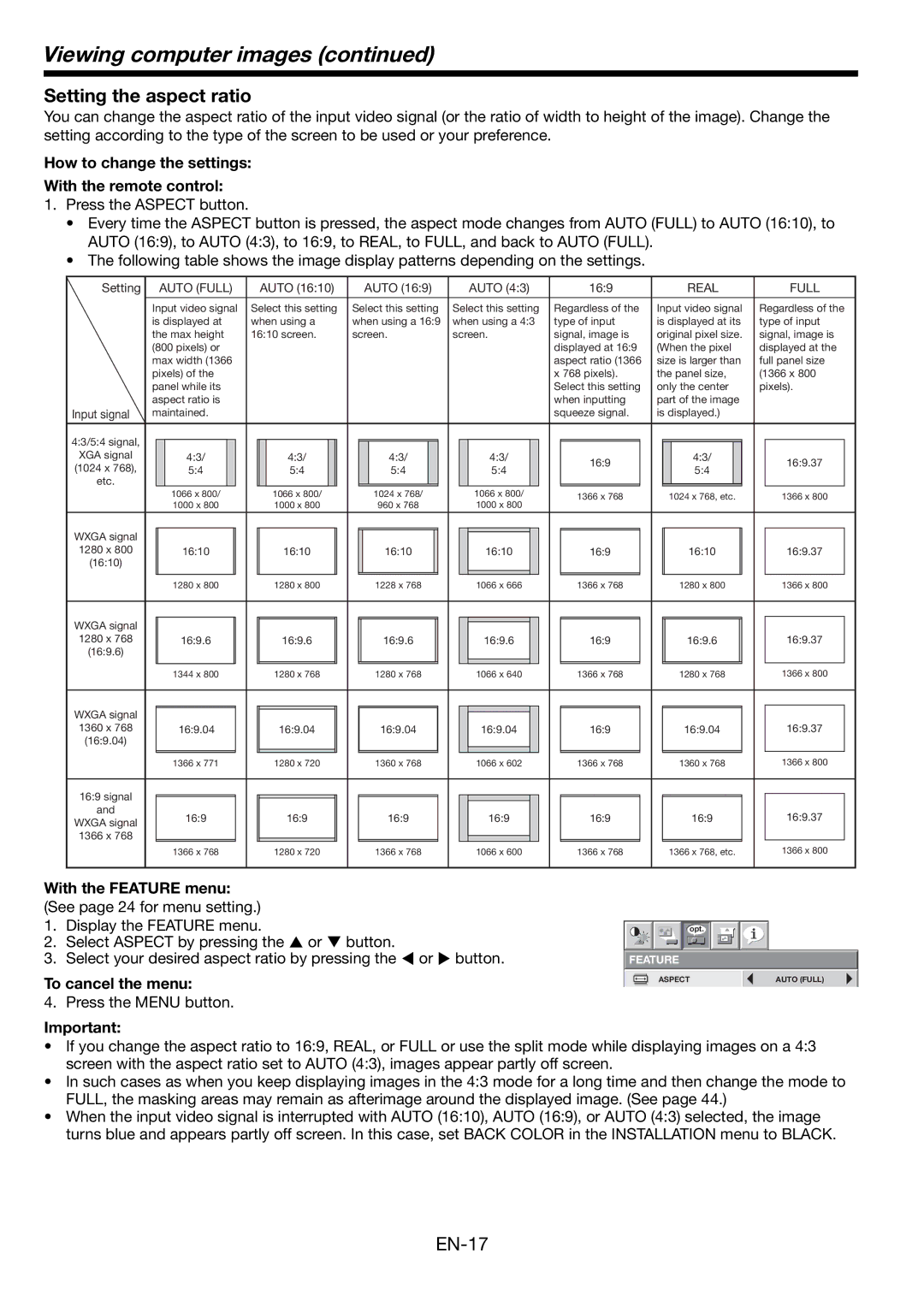 Mitsubishi Electronics WL6700U, WL6700LU Setting the aspect ratio, How to change the settings With the remote control 