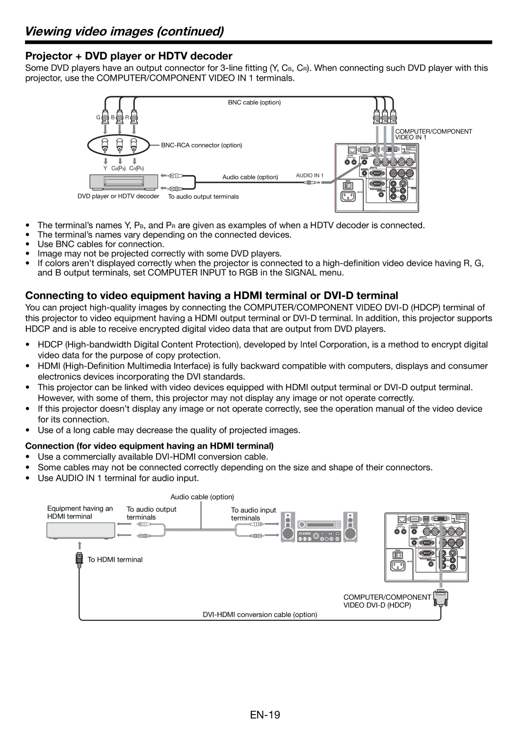 Mitsubishi Electronics WL6700U, WL6700LU user manual Viewing video images, Projector + DVD player or Hdtv decoder 