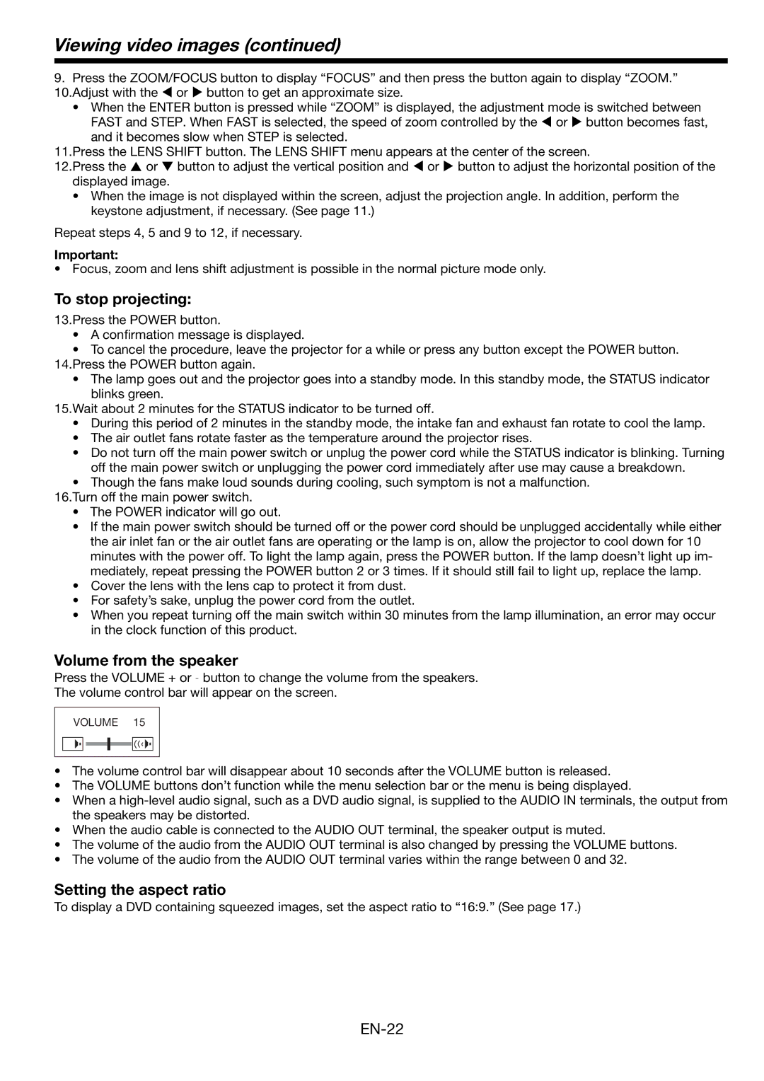 Mitsubishi Electronics WL6700LU, WL6700U user manual To stop projecting, Volume from the speaker 