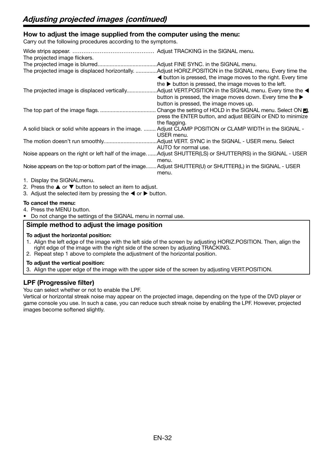 Mitsubishi Electronics WL6700LU, WL6700U user manual Simple method to adjust the image position, LPF Progressive ﬁlter 