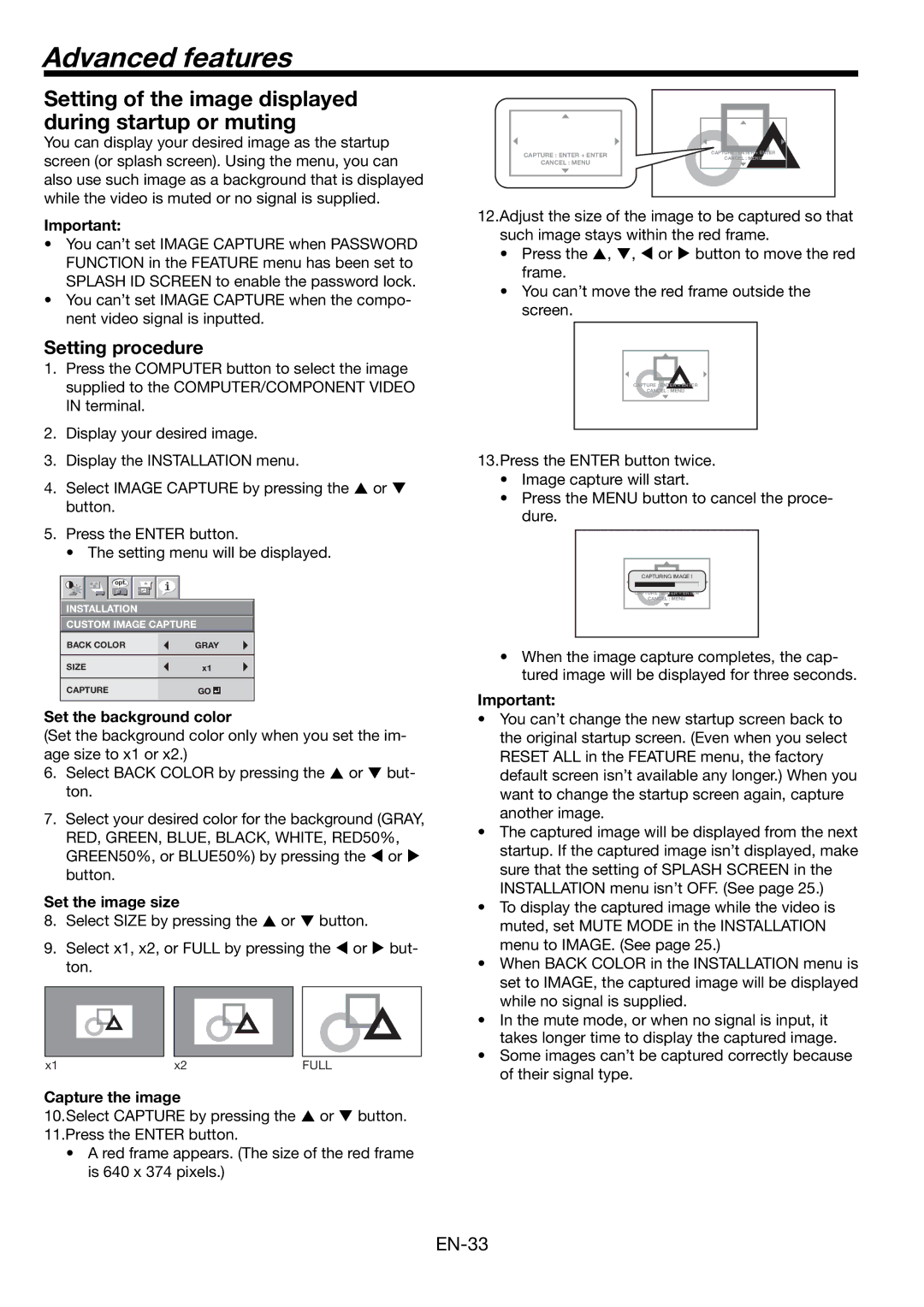 Mitsubishi Electronics WL6700U Advanced features, Setting procedure, Set the background color, Set the image size 