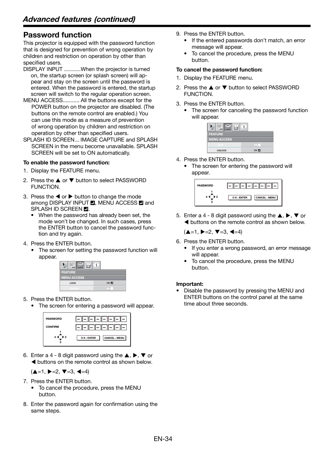 Mitsubishi Electronics WL6700LU, WL6700U user manual Advanced features, Password function, To cancel the password function 