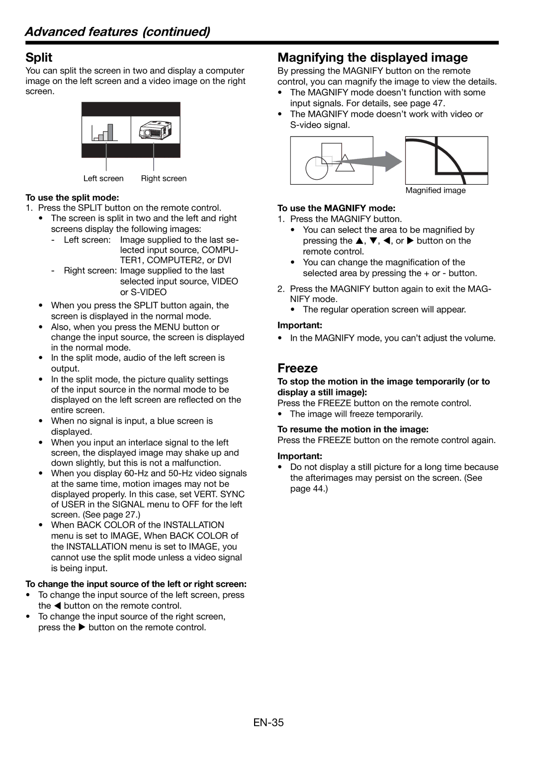 Mitsubishi Electronics WL6700U, WL6700LU user manual Split, Magnifying the displayed image, Freeze 