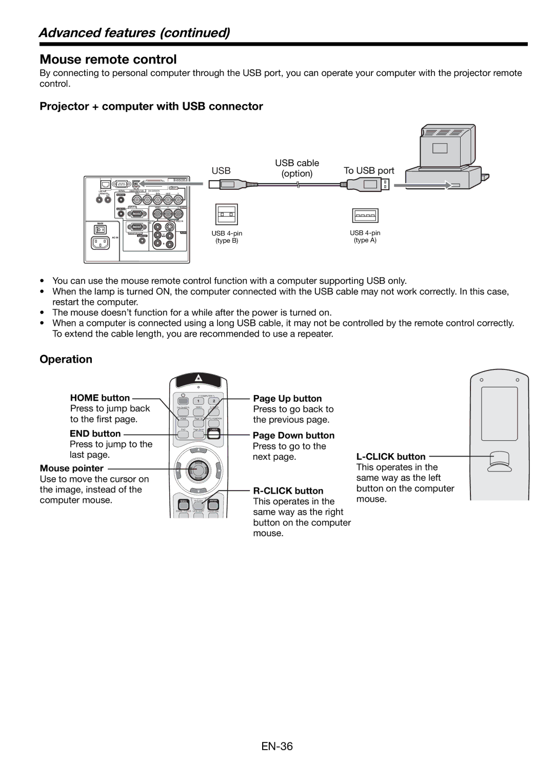 Mitsubishi Electronics WL6700LU Mouse remote control, Projector + computer with USB connector, Operation, Up button 