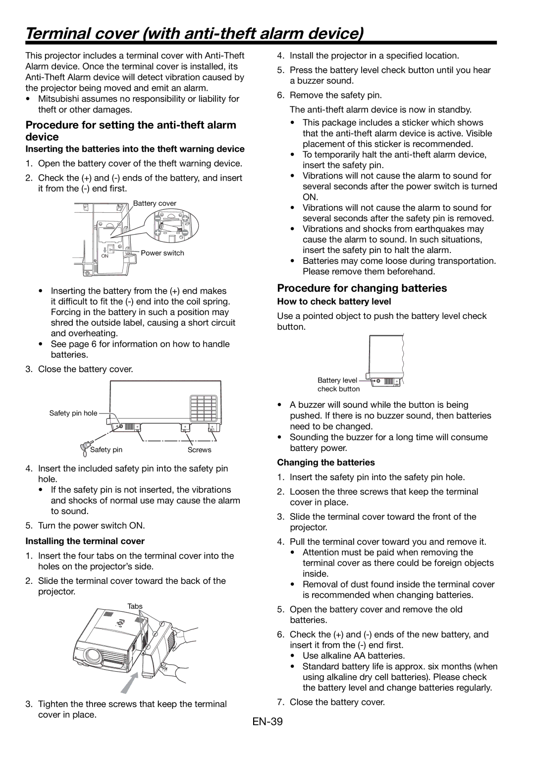 Mitsubishi Electronics WL6700U, WL6700LU Terminal cover with anti-theft alarm device, Procedure for changing batteries 