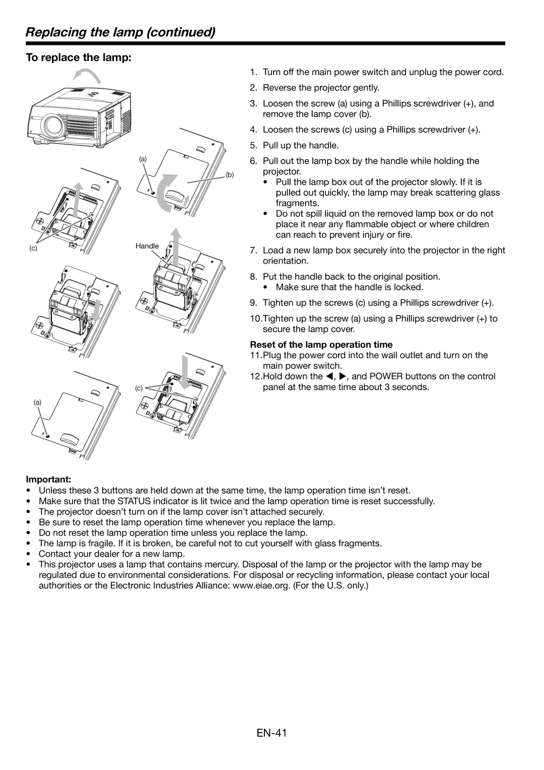 Mitsubishi Electronics WL6700U, WL6700LU Replacing the lamp, To replace the lamp, Reset of the lamp operation time 