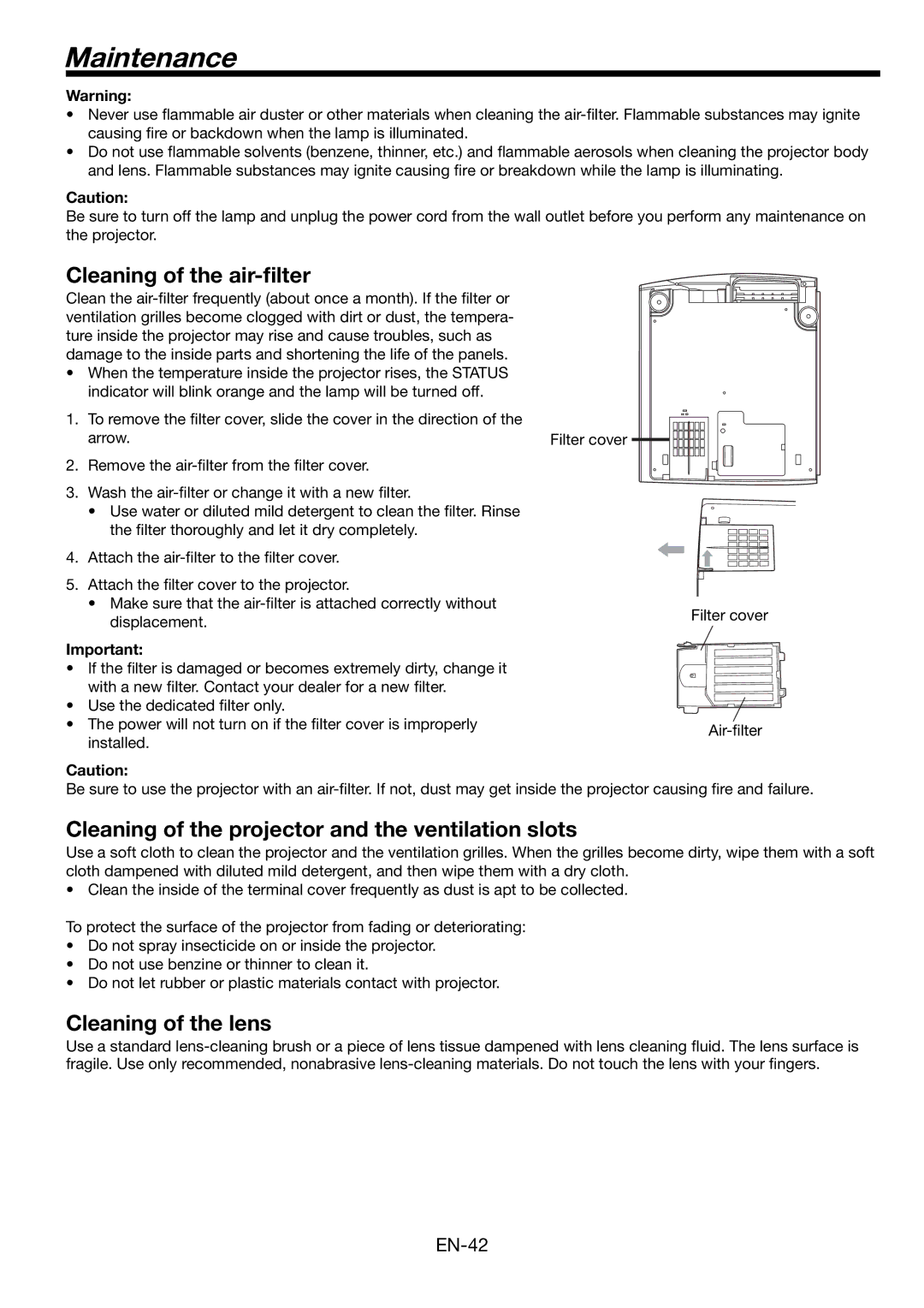 Mitsubishi Electronics WL6700LU, WL6700U user manual Maintenance, Cleaning of the air-ﬁlter, Cleaning of the lens 