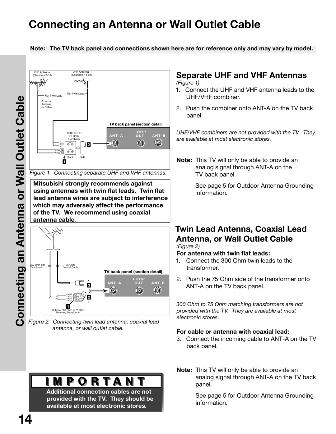 Mitsubishi Electronics WS-65315A, WT-42315 Connecting an Antenna or Wall Outlet Cable, Separate UHF and VHF Antennas 