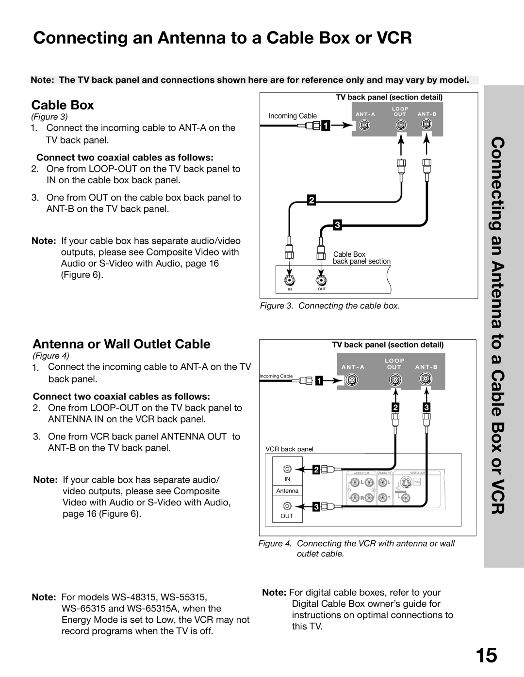 Mitsubishi Electronics WS-65315A, WT-42315, WS-55315 Connecting an Antenna to a Cable Box or VCR, To a Cable Box or VCR 