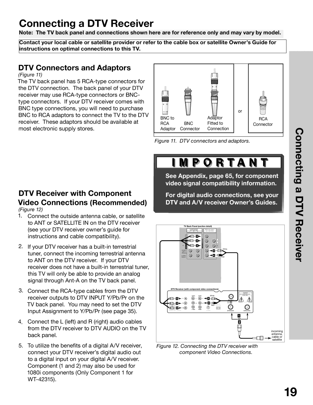 Mitsubishi Electronics WS-65315A, WT-42315, WS-55315, WS-48315 Connecting a DTV Receiver, DTV Connectors and Adaptors 