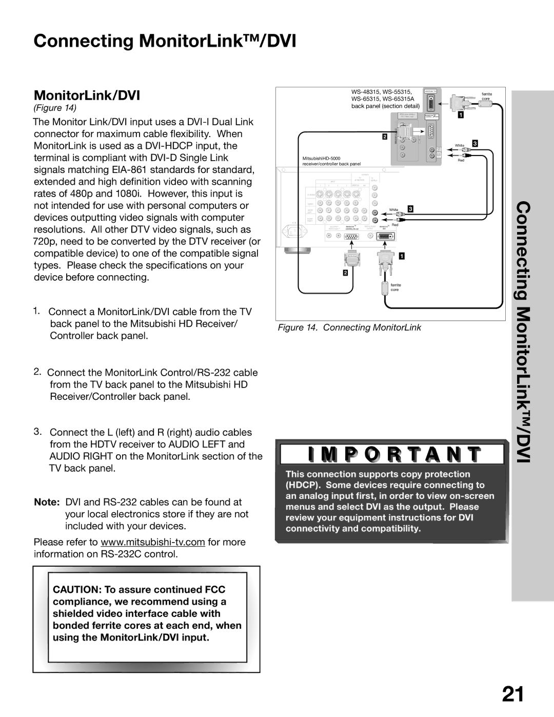 Mitsubishi Electronics WT-42315, WS-65315A, WS-55315, WS-48315 manual Connecting MonitorLink/DVI 