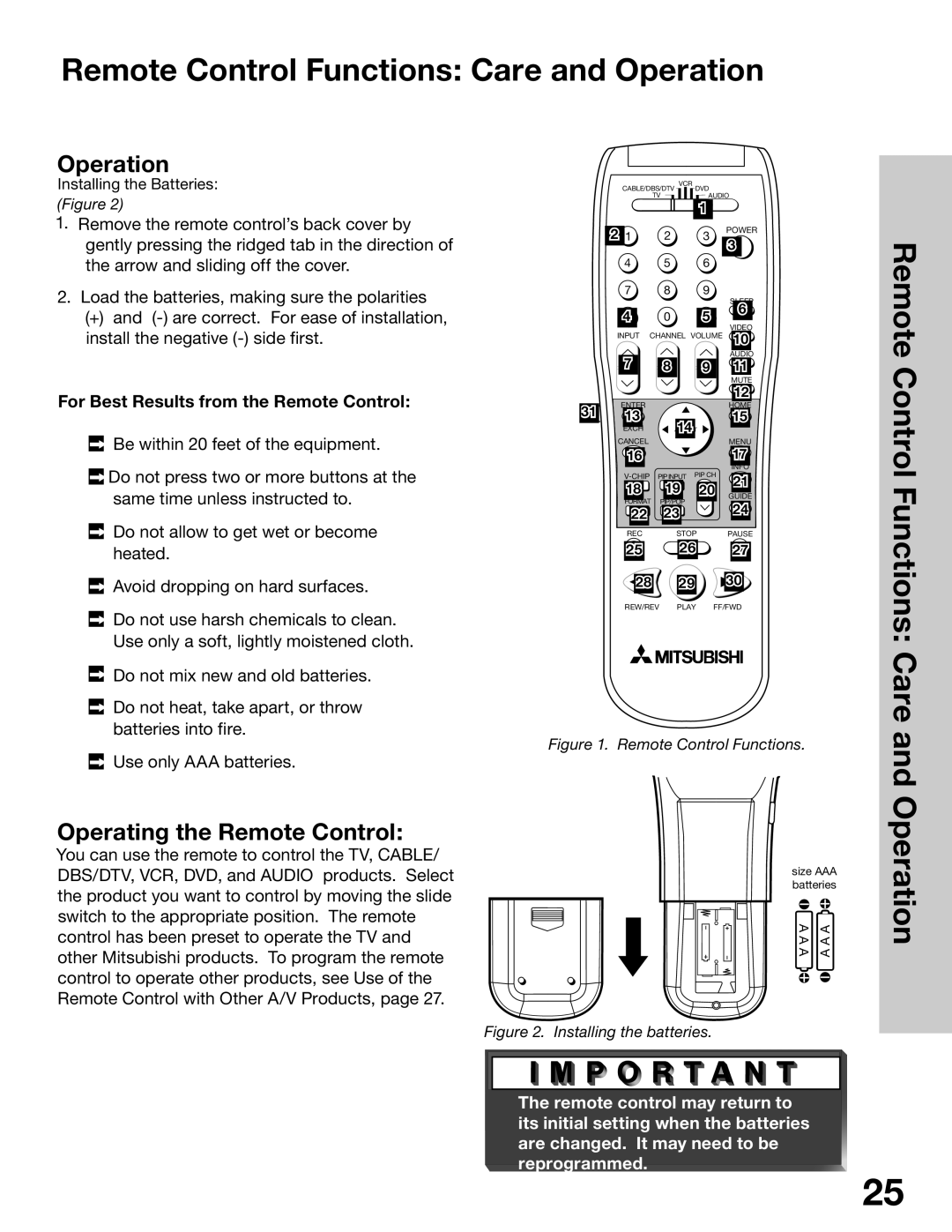 Mitsubishi Electronics WS-65315A, WT-42315 manual Remote Control Functions Care and Operation, Operating the Remote Control 